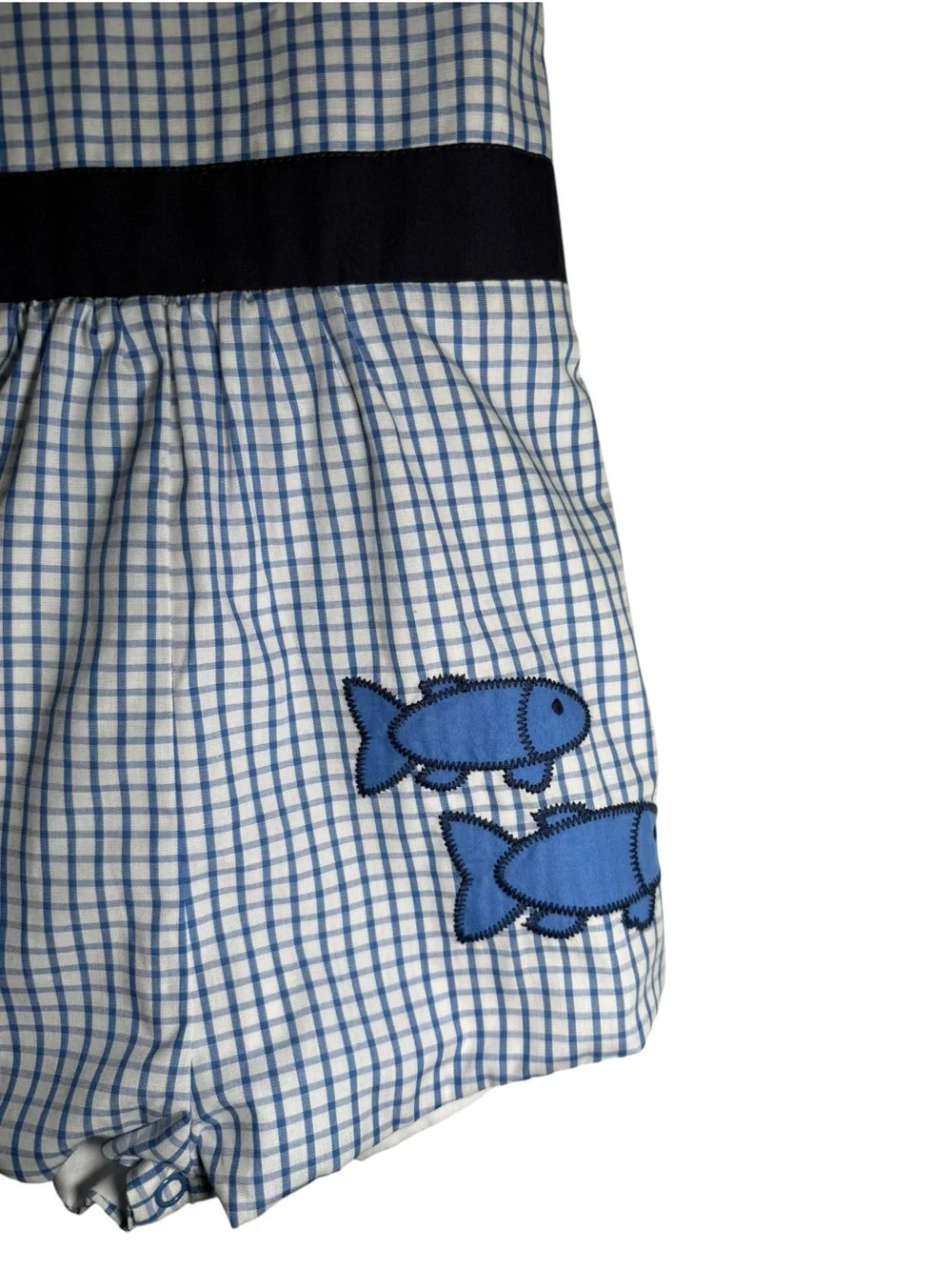 The Beaufort Bonnet Company Shadley Shortall Blue Windowpane Fish Applique NWT